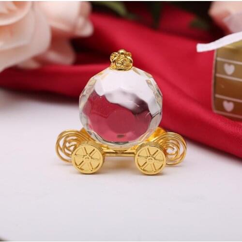 50PCS Crystal Cinderella Pumpkin Coach in Gold Gift Box Baby Shower Favors Crystal Carriage Newborn Baptism Gift SN3757
