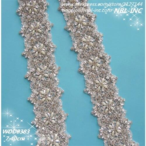 10 yards) Wholesale iron on bridal beaded applique crystal rhinestone sequin trim for wedding evening dress sash WDD0383