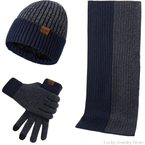 3 Pcs/set Unisex New Double-sided Color Matching Scarf Autumn Winter Fashion Men Women Simple Thickening Hat Gloves Set F25 21