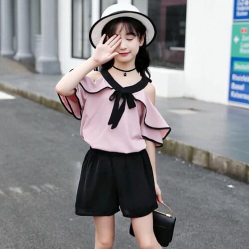 2020 Fashion Summer Toddler Teenage Girls Clothing Sets Chiffon Ruffles Shirts+Pants 2Pcs Suit Children Kids Clothes Set JW3757A