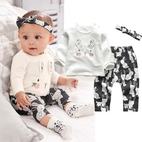 3Pcs Infant Girl Clothing Newborn Baby Girl Clothes Outfits Set Cartoon Rabbit Pattern Long Sleeve T-shirt+Casual Pants+Headband