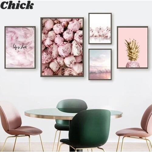 Pink Rose Flamingo Pineapple Feathers Sea Wall Art Canvas Painting Nordic Posters And Prints Wall Pictures For Home Room Decor