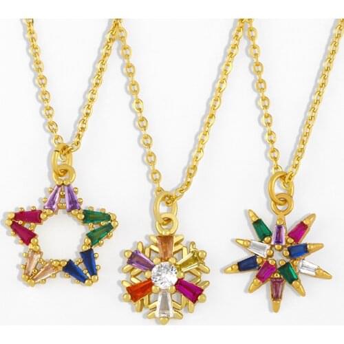 FLOLA Multicolor Star Necklace For Women Small Snowflake Pendant Necklace CZ Zirconia Statement Gold Filled Jewelry Gift nkes09