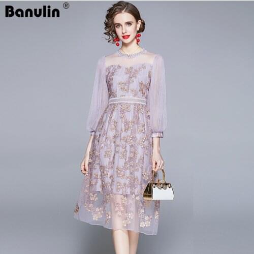 Banulin Runway Luxury Mesh Lace Embroidered Dress 2021 Spring Women 3/4 Lantern Sleeve Flower Embroidery Office Party Midi Dress