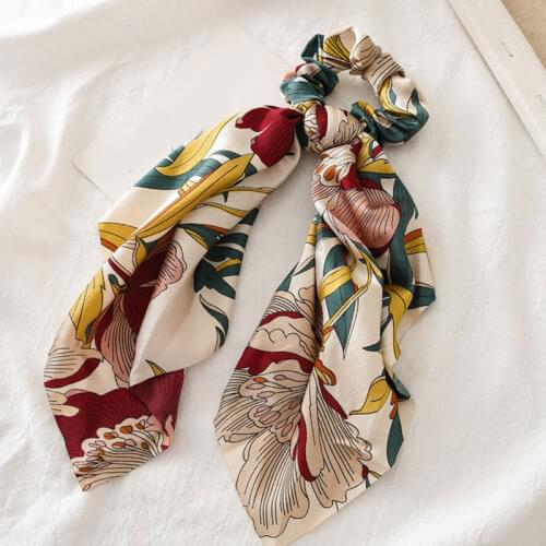Bohemian Bow Hair Ties Vintage Flower Print Scrunchies Satin Hair Scarf Women Elastic Hairband Rubber Band Hair Accessories