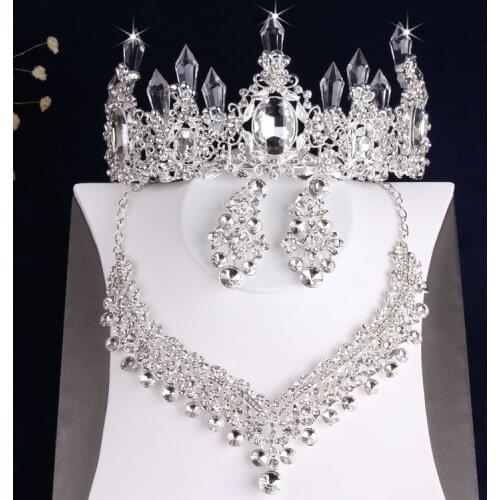 Baroque Luxury Sparkling Crystal Costume Jewelry Sets Rhinestone Choker Necklace Earrings Tiara Crown Wedding Dubai Jewelry Set