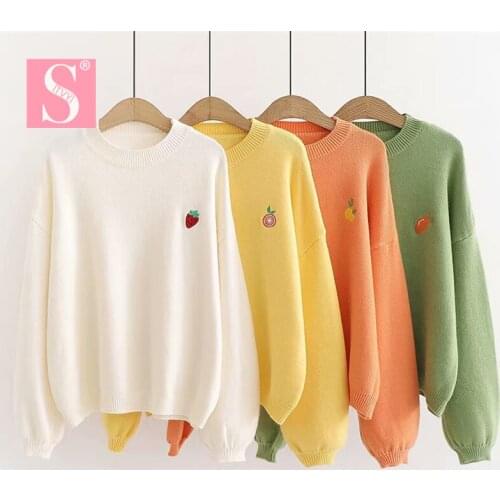 STVY 20120 Spring Autumn Sweaters For Women Strawberry Embroidery Knitting Pullover Tops Ladies Long Sleeve Loose Female Sweater