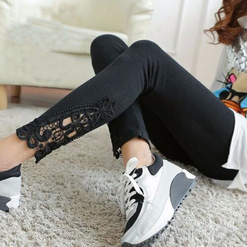 Spring Women Casual Ladies Lace Hollow Out Cotton Stretch Leggings Elastic High Waist Skinny Long Pants One Size