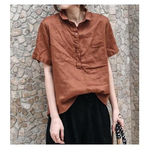 Spring and summer 2020 new womens Korean large cotton, linen, ramie loose and Slim small stand collar short sleeve shirt