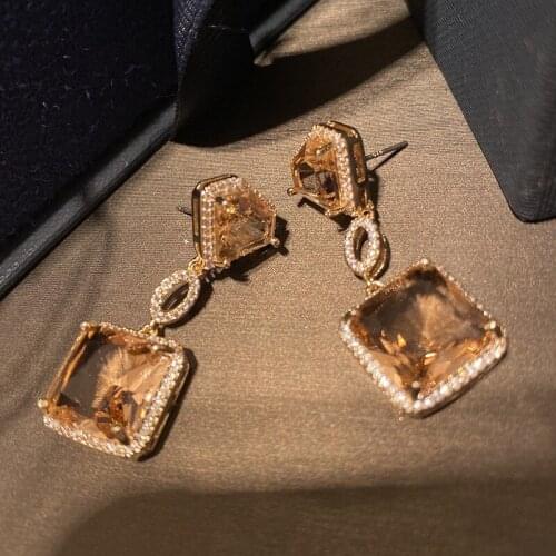 High-end earrings square cut ears texture crystal crystal earrings retro temperament long style earrings for women