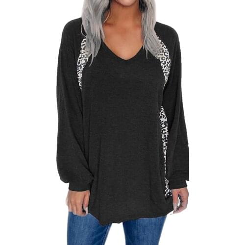 Fashion Womens Tops And Blouses Womens Leopard Splicing Solid V Neck Casual Long Sleeves Blouse Tops Blusas Mujer De Moda 2021