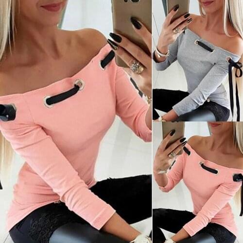 2021 Spring Autumn Women Off Shoulder Eyelet Tied Ribbon Long Sleeve Solid Lady Top Fashion Elegant Workwear Blouse Daily Shirts