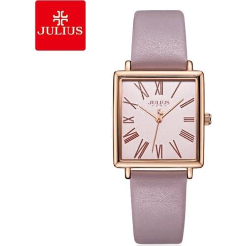 Julius Watch JA-1269 Womens Pink Square Watch Fashion Simplicity Casual Leather Band Watch