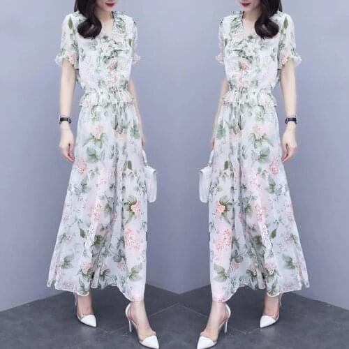 Women Summer Set 2021Female Chiffon Wide Leg Pants Two-Piece Suit New Lady Suit Loose Plus Size Outfit B1047