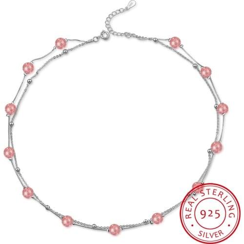 100% Real 925 Sterling Silver Fine Jewelry Pink Strawberry crystal Bead Chain Necklaces for Women Statement Necklace Choker
