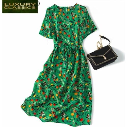 Dress Women Clothes Summer 2021 Korean Real Silk Womens Dresses Vintage Green Floral Vestidos Elegant Ladies Dress 0559