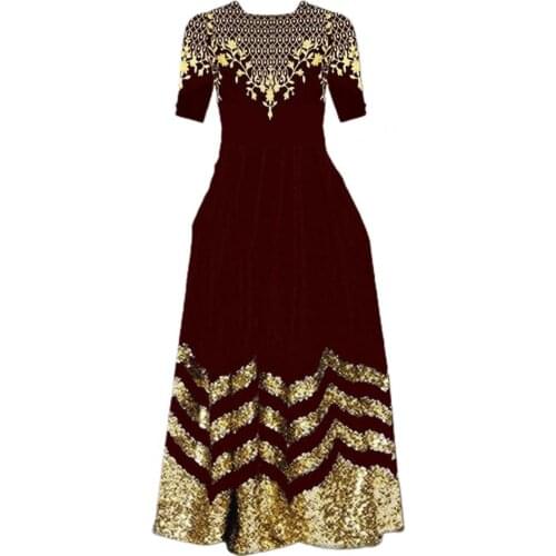 Vintage Women Maxi Dress Formal Luxury Prom Party Sequined Floral Print Slim High Waist Half Sleeve Ball Gown Dress vestidos