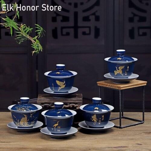180ml Chinese Kung Fu Tea Set Teacup Ceramic Gaiwan Glaze Blue Tea Bowl Saucer Teapot Crane Pattern Teaware Drinkware As Gift