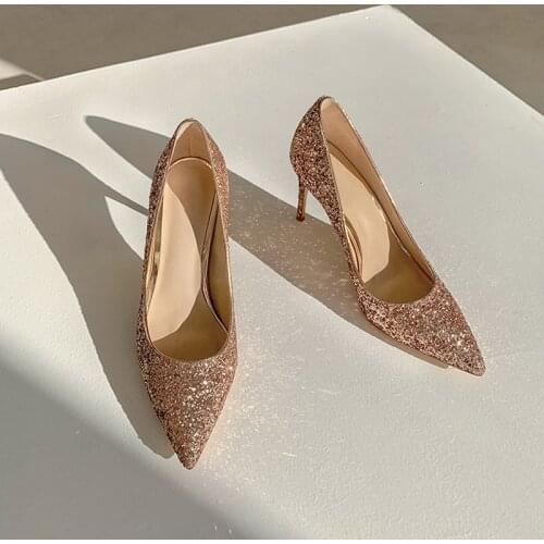 Sequins Pointed Toe Shoes Women Pumps Woman High Heels Female Ladies Sexy Party Wedding Champagne Cyan-blue Heel
