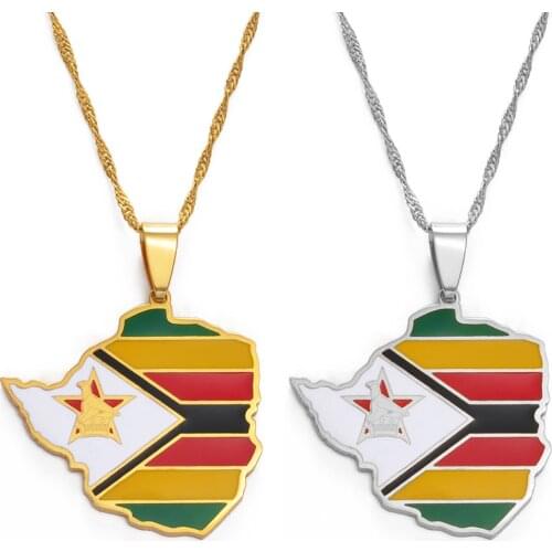 Anniyo Map of Zimbabwe Flag Pendant Necklaces Silver Color/Gold for Women Girls Stainless Steel Zimbabweans Maps Chains #154321