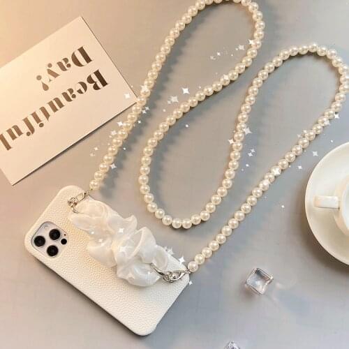 Fashion Cute Silk Wrist Band Crossbody Long Pearl Chain White Leather Case Cover For Iphone 12 Mini 11 Pro XS Max XR X 8 7 Plus