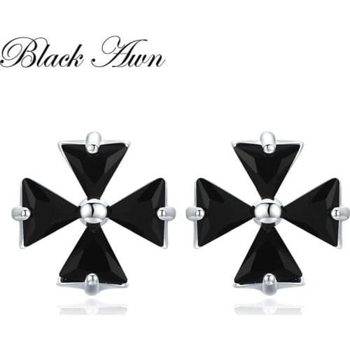 Black Awn Romantic 925 Sterling Silver Jewelry Natural Black Spinel Party Stud Earrings for Women Bijoux I104
