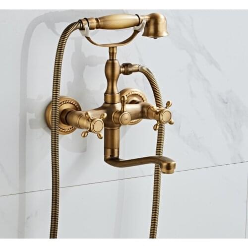 Bathroom Shower System Bath Wall Mounted Hand Held Antique Brass Shower Head Kit Shower Faucet Sets Double-Handle Simple Shower