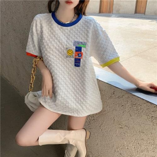 EasyGarment Spring Summer T Shirt Short Sleeve Colorful Crew Neck Patchwork Loose Thick Women Top