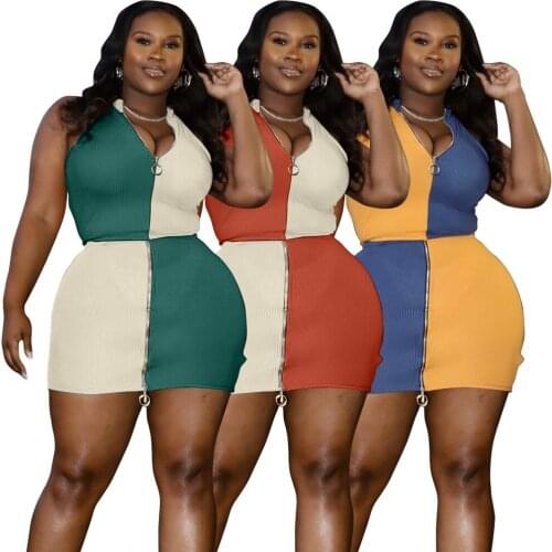Contrast Color Patchwork Women Sexy Deep V-neck Two Pieces Sets 2021 Summer Plus Size Sleeveless Crop Tops Mini Skirts Outfits
