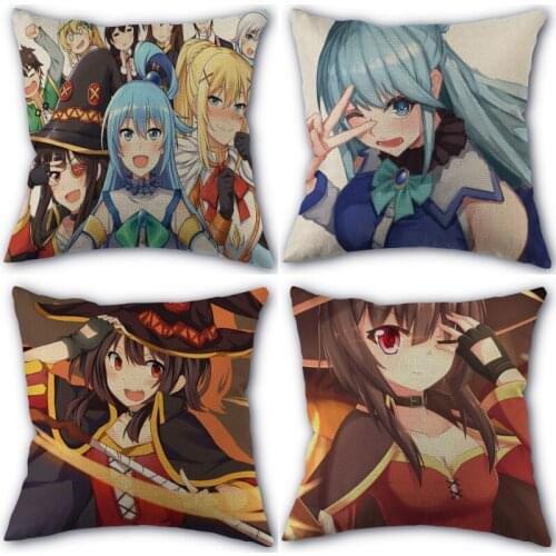 Nice konosuba Anime Pillowcase Cotton Linen Fabric Square Zipper Pillowcase New Arrival 45X45cm Wedding Decorative Pillow cover