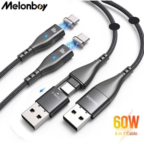 Melonboy 6 in 1 Cable 60W Magnetic Usb C Cable Wire Charger Phone Charging Cord Usb Data Cable For Laptop Samsung Huawei iPhone