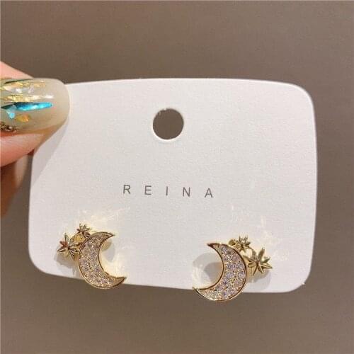Cute Female Star Moon Small Earrings Charm Zircon Gold Color Stud Earrings For Women Trendy White Crystal Wedding Earrings