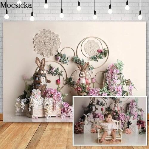 Mocsick Spring Easter Photography Backdrops Pink Floral Rabbit Decor Cake Smash Photo Booth Background For Photo Studio Props