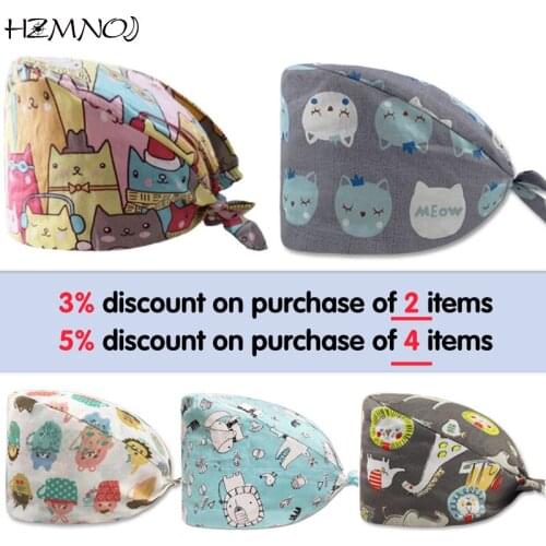 Fashionable Cotton Cute Cartoon Print Nurse Cap Adjustable Beauty Salon Nursing Cap Laboratory Pet Shop Fashion Scrub Cap
