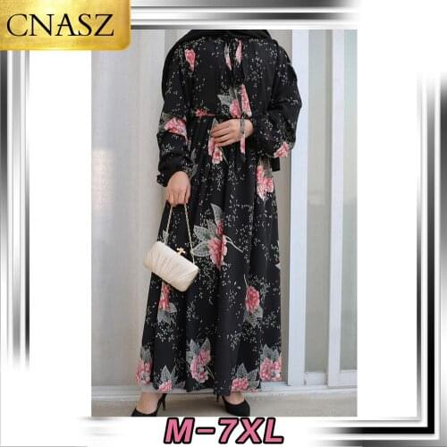 New Fashion Elegant Muslim Turkey Thick Chiffon Fabric Flower Printed Waist Full Sleeve Maxi Dress O Neck Dubai Islamic Clothing