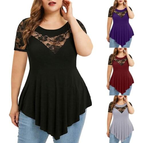 New Womens Plus Size Spring and Summer Flower Lace Short-sleeved Irregular Hem See-through Round Neck Casual Womens Blouse
