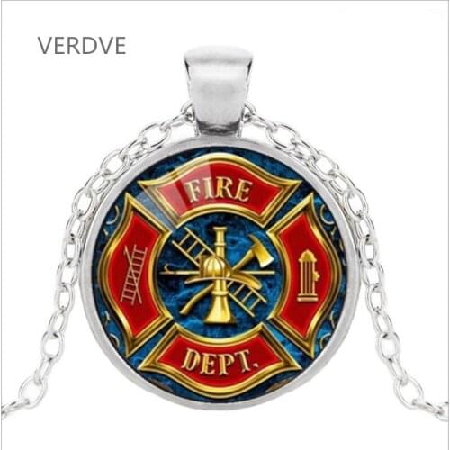 VERDVE Firefighter Symbol Glass Fashion Pendant Necklace DIY Handmade Fire Dept Jewelry Vintage Charms Trendy Men Women Gift