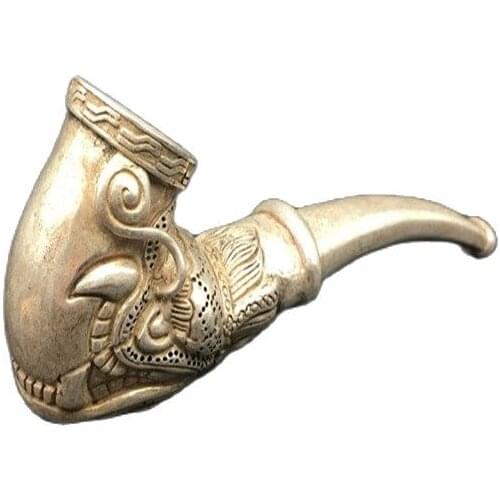 Tibetan Silver Dragons head pipe, cigarette holder, dry tobacco bag, pipe, old goods, Tibetan Silver old goods and gifts