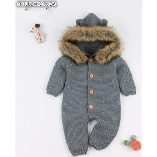 Knitted Baby Rompers Winter Newborn Baby Clothes Baby Jumpsuit With Fur Hooded Baby Girl Boy Romper Sweater Toddler Outerwear