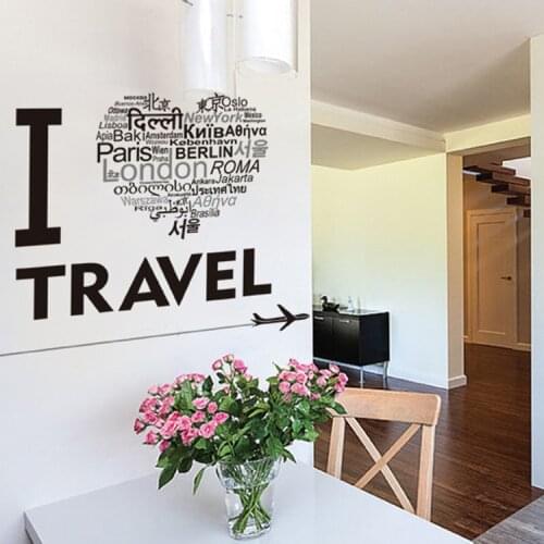 I Love Travel Wall Art Mural Poster Decor Airplane Heart Shape English Words Wall Quote Decal Sticker Home Decor Wall Applique