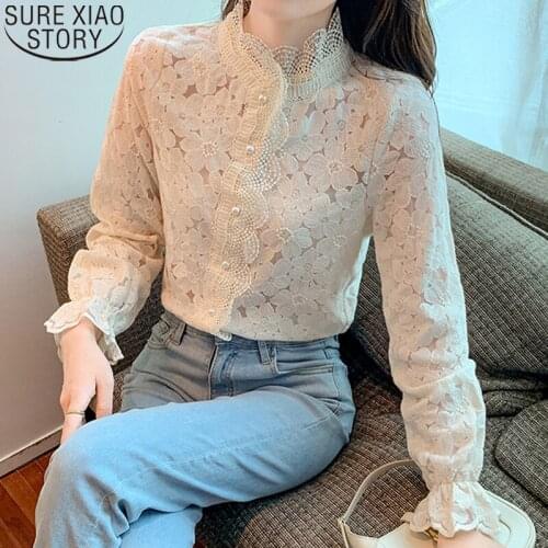Autumn Long Sleeve Elegant Hollow Lace Blouse New Half High Collar Lace Bottoming Shirt Women Blouse Fashion Tops Blusas 16986