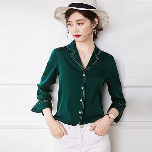 High Quality 100% Silk Blouse Women Shirt Casual Style Solid Turn down Neck Vintage Long Sleeves Tops Elegant Style New Fashion