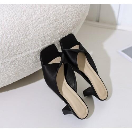 EGTPINAOP Summer Ladies 2021 Slippers High Heels Womens Fashion Elegant Black Sandals Elastic Fabric Rubber Outsole Outdoor