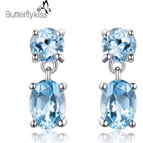 BK Women 925 Sterling Silver Earrings Sky Blue Topaz Gemstone Handmade Setting Fashion Ear Stud Wedding Engagement Fine Jewelry