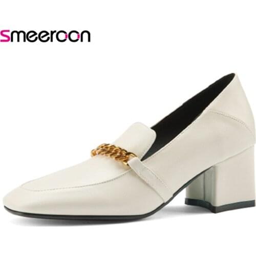 Smeeroon 2021 Big Size 34-43 Women Pumps European Style Chain Single Shoes Square Toe Spring Summer Dress Shoes Woman