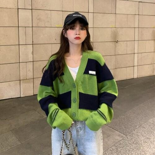 0057 Green Autumn Winter Women V-Neck Knitted Cardigan Contrast Stripes Chic Button Loose Korean Fashion Simple Sweater Female