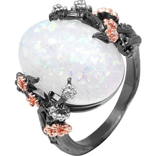 Beautiful Tree & Flower Ring Jewelry Black Gold Filled Romantic CZ Big White Fire Opal Ring Women Dropshipping Bands Finger Ring