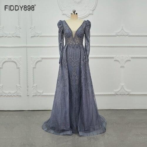 Luxury Evening Dress 2020 Long Sleeves A-Line Shiny Crystal Beaded Party Gown V-Neck Women Formal Dresses Vestidos De Fiesta