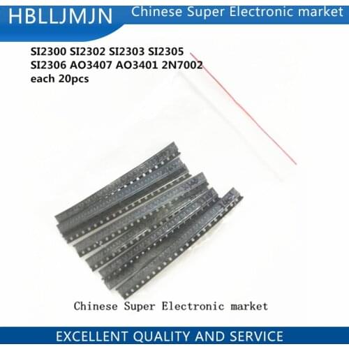 160pcs SMD Field-Effect Transistor Pack SI2300 SI2302 SI2303 SI2305 SI2306 AO3407 AO3401 2N7002 each 20pcs Triode Kit
