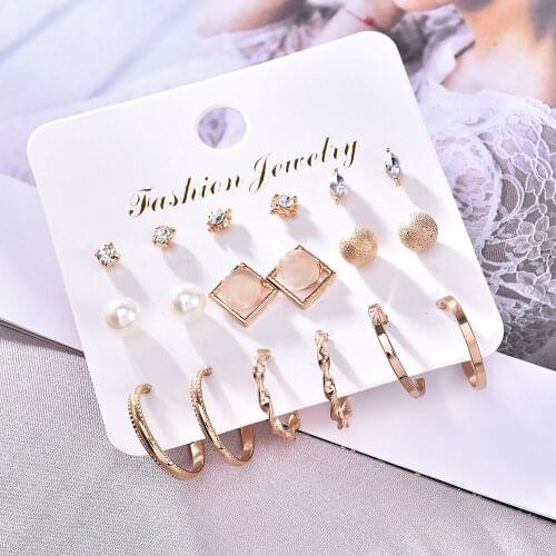 9/12/36 Pair/Set Random Fashion Design Women Lady Hoop Round Star Plastic Rhinestone Crystal Flower Ear Stud Earring Set Jewelry